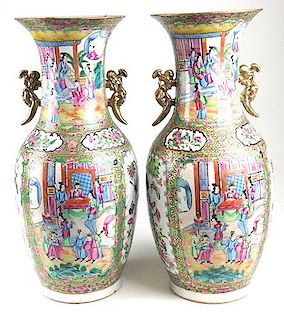 Pair of 19th c. Chinese Famille Rose vases with ornate overall scenes and gilt handles 20" ht. -repair to one handle