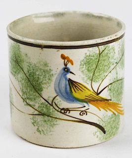 rare early 19th c spatterware cup with peafowl decoration, dia 2.75ﾔ, ht 2.5ﾔ, Dr Oliver Eastman collection, Duane Merrill & Co auction Sept 1, 19