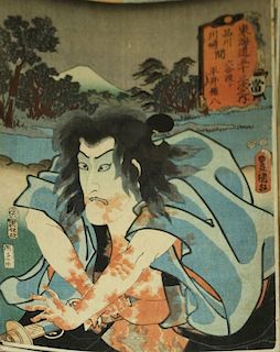 Folio of 10 Japanese Edo period theatrical Ukiyo-e woodblock prints of actors in various scenes including seppeku  all similarly signed and marked 14 