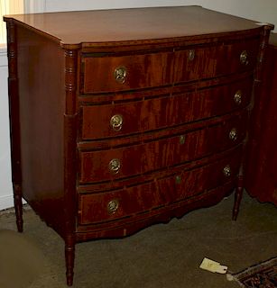 Fine Sheraton elliptical front inlaid and banded mahogany reeded leg 4 drawer chest. 42"w. Probably Massachusetts, circa 1810.