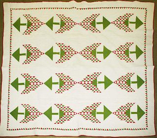 mid 19th c pine tree pattern quilt, 6' 8ﾔ x 6' 5ﾔ, slight staining on fold & reverse