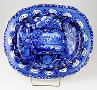 19th c. Deep Blue transferware historical Staffordshire porcelain America and Independence Series states platter w/Washington Memorial by Clews 1819-3