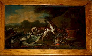 18th c European School hunting scene of setters with game birds. 12 x 16" old relining o/c unsigned