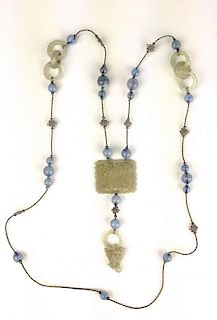 Chinese jade court type necklace, rectangular carved open white jade center (1.5" x 1.75") with 2 blue hardstone beads below & white jade ring& pendan
