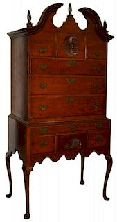 18th c Connecticut cherry arch broken top highboy, two fans, old brass, restorations. 83"h x 40"w x 19"d.