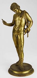 late 19th c cast bronze figure of Narcissus cast by the M Amodio Foundry, Naploli, ht 16ﾔ