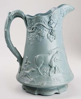 19th c. blue Parian salt glaze pottery pitcher w/embossed "Ranger" scene of hunter and dogs, figural grapevine handle by Edward Wallley, Cobridge Staf