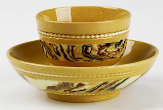 rare early 19th c miniature mocha ware tea bowl & saucer with marbleized decoration on a yellow ware ground, dia 2.25ﾔ, 3.75ﾔ, Dr Oliver Eastman c