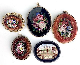 lot of 5  19th c. micromosaic oval brooches incl. four floral and St. Peter's Basilica Rome 1.5"-1.25"