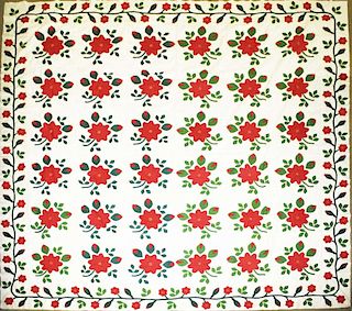 mid 19th c applique quilt top, flower & vine pattern, fine stitching, 7' 6ﾔ x 7' 6ﾔ