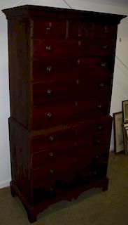 18th c Chippendale cherry chest on chest with carved fan, graduated lip drawers, drop pediment, restored base, wood pulls, probably Connecticut River 