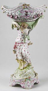 large late 19th c. KPM porcelain figural centerpiece compote with reticulated basket, blue scepter mark 17.5" x 10" - minor losses to some flowers