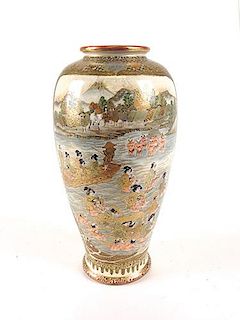 Japanese mid-19th c. Satsuma vase having bathing scene, boats, background of village & mountain, character mark with floral gilt mark 9.5" ht.