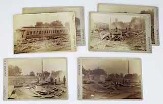 six 1889 cabinet photos after the Steel Car Co disastrous fire in St Joseph, Missouri, descending from Henry Drushel Perky (1843- 1906), owner of the 