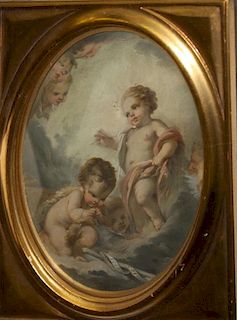 19th c Italian school oil on board featuring infant John the Baptist bowing to infant christ with putti in surround 9 x 6"