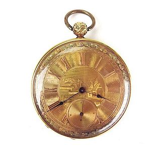 President William Henry Harrison engraved London 13 jewel gold key wind pocket watch w/gold engraved face having lake and cottage scene, interior case