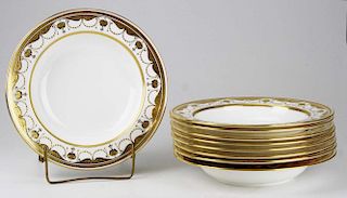 set of 9 Minton embossed and raised gilt enamel porcelain soup bowls 9.5" dia