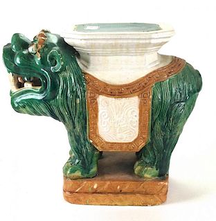 Chinese 19th c. foo dog green, cream, & white glazed stoneware based garden seat. No marks, signs of age wear to base 19" x 21"