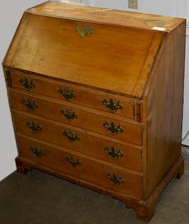 35" Chippendale curly maple slant front desk, 11 drawer interior, old brass, original base. Northern New England.