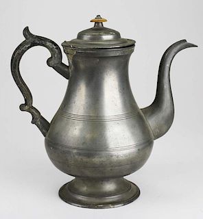 early 19th c American pewter coffee pot signed ﾓD Curtissﾔ in banner (Daniel Curtiss- Albany, NY), ht 11ﾔ