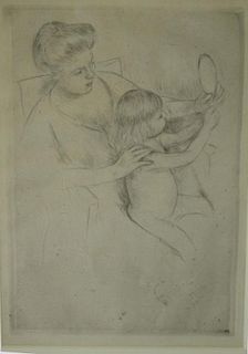 Mary Cassatt (American 1844-1926) Looking into the hand mirror - drypoint etching 8x 6"