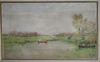 Charles E Mills (American 1856-1956) Landscape with canoes o/c 18 x 28" signed in pencil lower right Charles E. Mills pinxt