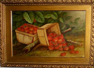 19th c naieve oil on board still life of strawberries  signed A Wait 12 x 18"