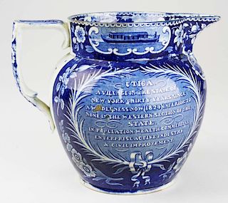 19th c. Deep Blue transferware historical Staffordshire porcelain pitcher by Enoch Wood  with scenes commemorating the 1824 opening of the Erie Canal 