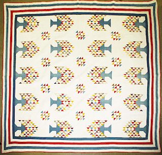 late 19th c pine tree pattern quilt, 6' 11ﾔ x 6' 11ﾔ, some soiling, minor stains