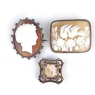 group of 3 fine Victorian rolled gold frame carved cameos .75"-1.75" dia
