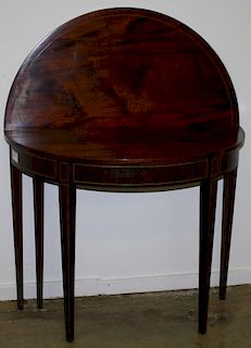 Hepplewhite formal inlaid mahogany lift top card table.