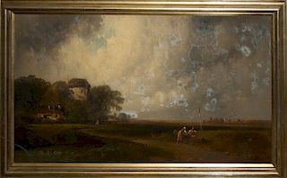 George Washington Nicholson (American 1832-1912) Gathering storm - Landscape with peasants- o/c 27 x 49" - Inpainting and laid on masonite board signe