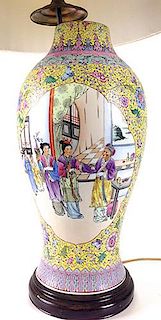 Chinese Qing Dynasty porcelain enamel decorated vase/lamp, with fine overall yellow, lavender floral & vine field and two large oval scenic panels, fa