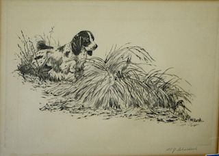 William J Schaldac (American 1896-1982) Spaniel pointing a hidden woodcock 8 x 10" engraving signed lower right