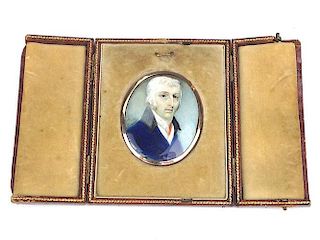 18th c. miniature oil portrait of elderly gentleman in blue coat signed 'Cosway' (Richard Cosway 1742-1821) having gold frame, back with pin, filagree