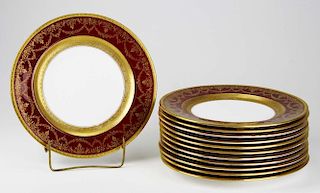 set of 12 Coalport for Ovington Bros. gilt embossed burgundy rim dinner plates 10.25" dia