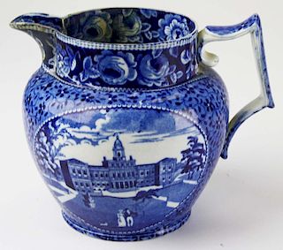 19th c. deep blue Staffordshire historical transferware pitcher with scenes of Boston State House, and City Hall New York 6.5" x 7.5" x 6"-old repair 