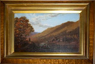 19th c American School oil on canvas laid on board identified as Mt. Bean Virginia on reverse, depicting canal boat with horse pulling, 10 x 14"