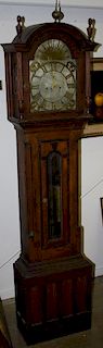 19th c country Sheraton birch tall case or grandfather clock, brass works, brass on silver dial, beveled glass door, reeded corner corners. 86"h.