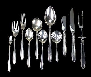 Gorham "Nocturne" sterling silver flatware. Includes dinner forks and knives, teaspoons, luncheon forks, cream soup spoons, fish forks, some butter sp
