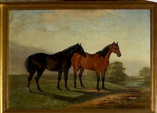 19th c American School genre painting of two horses on canvas minor losses newer frame 20 x 24" unsigned