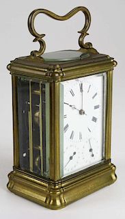 late 19th c Swiss carriage clock signed ﾓAnker Hemming & Hebel and 6 Locher in Steinﾔ, 3 dials, repeater movement, w/ key (running)