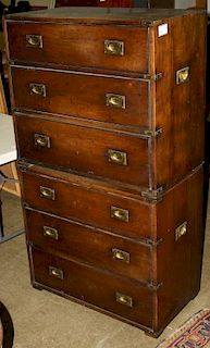 Pair of campaign chests, brass bound, walnut, secondary oak. Late 19th or 20th c.