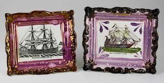 Two Sunderland pink lustre mid-19th c. pottery wall plaques with transfer decoration of ships Northumberland by Dixon Co. and Duke of Wellington 7.5" 