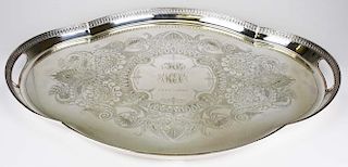 Elaborate engraved Aesthetic Gorham Mfg. Co 26" silver-plated tray. Monogrammed JCB MEC 1875-1933. Marked.