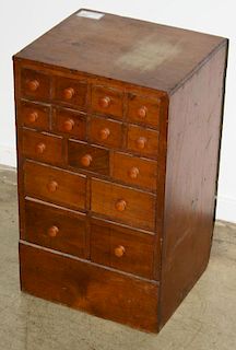 19th c walnut and pine 15 drawer apothecary cabinet. 16"w x 27"h x 14"d.