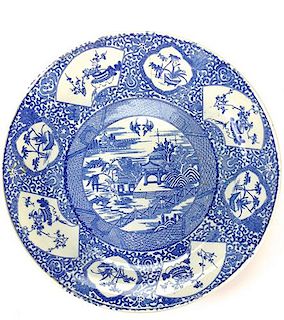 19th c. Chinese blue and white export charger with temple central theme 14" dia. -age check