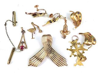 lot of 10 pcs 14k yellow gold jewelry incl. pr of leaf form earrings, pins, stork charm, pr pearl and leaf form earrings,  3 unmarked y.g. pendants w/