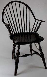 18th c continuous arm Windsor chair, bold vase and ring turnings, front legs ended out.