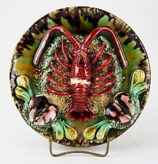 early 20th c. Portuguese Palissy type majolica glaze lobster wall plaque plate 9" dia